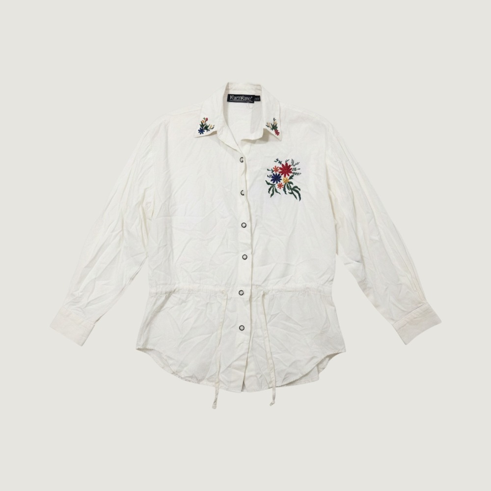 Karen Kane Floral Embroidered Top Womens 6 White Drawstring Waist Vintage